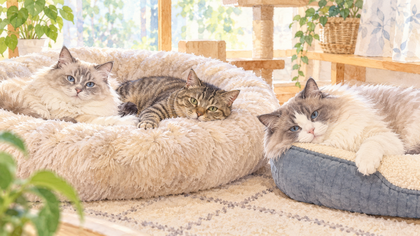 ペットベッドでくつろぐ3匹の猫