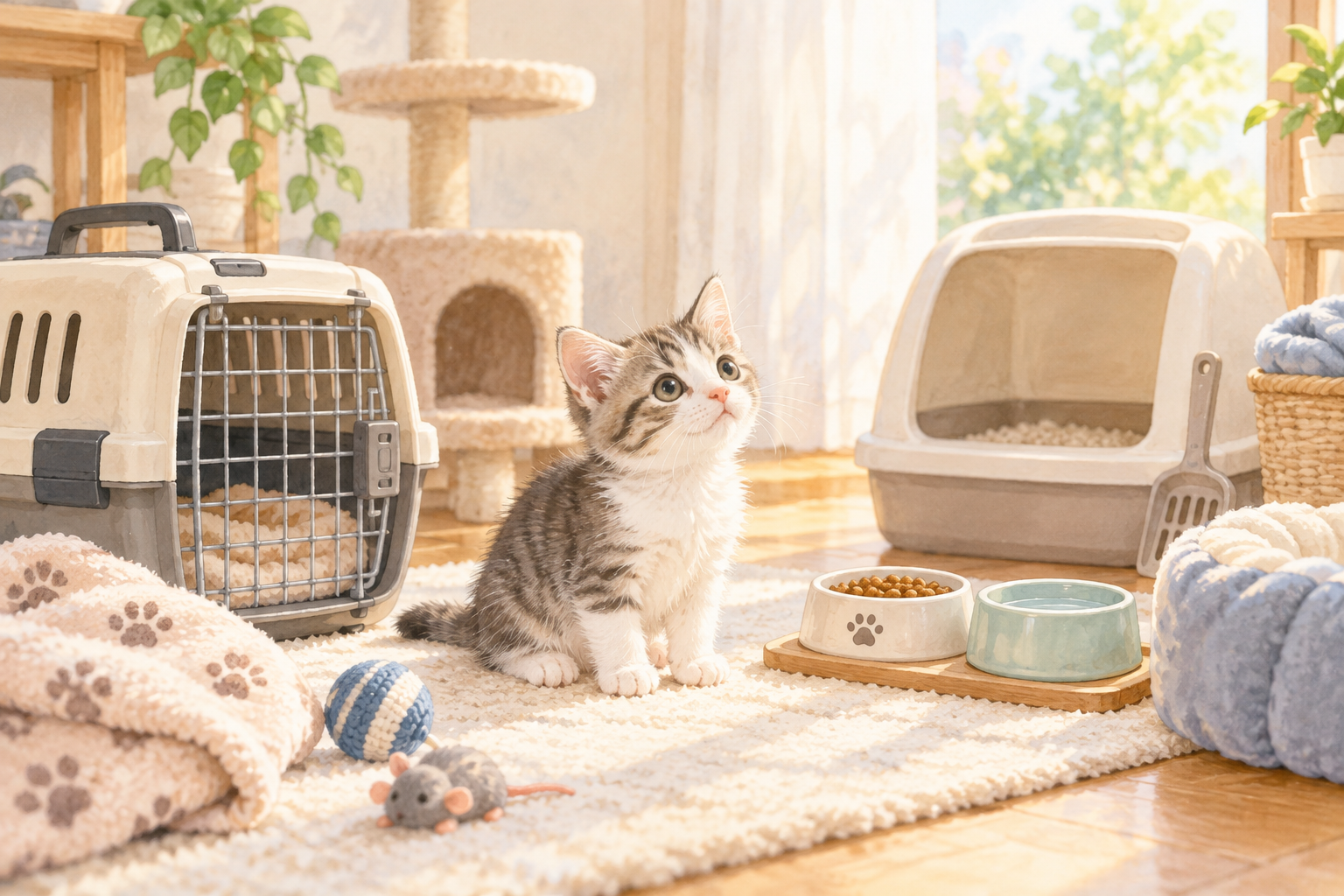 初めて猫を迎えるためにキャリーやトイレなどを準備した部屋