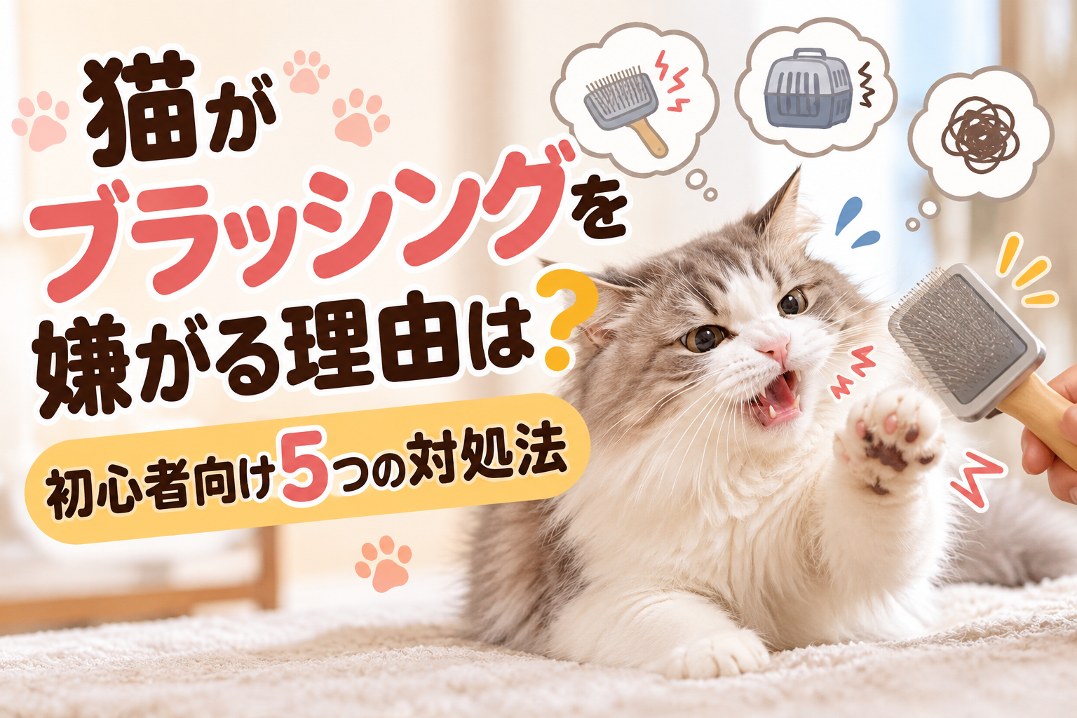 ブラッシングを嫌がり、ブラシに向かって威嚇する猫のイメージイラスト