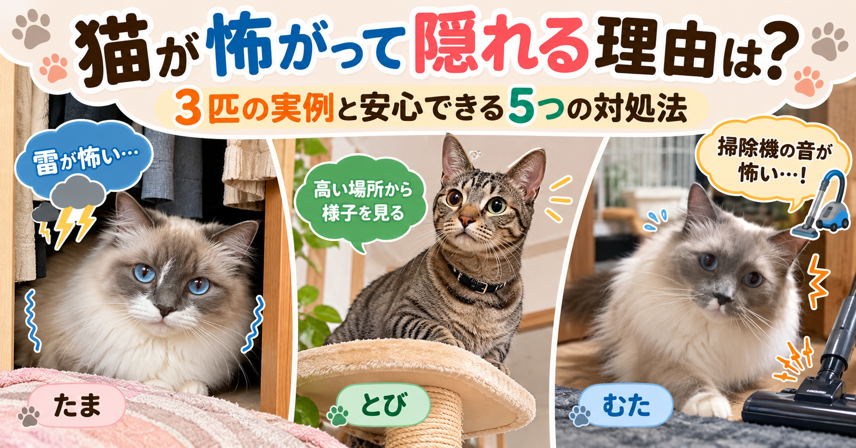 雷を怖がるたま、高い場所から様子を見るとび、掃除機を怖がるむたの3匹を紹介する画像